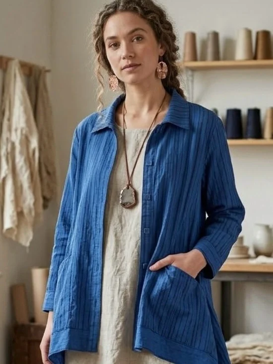 HABITAT Blue Striped Crinkle Cotton Linen Shirt Lagenlook Artsy Eclectic Boho - Picture 1 of 5